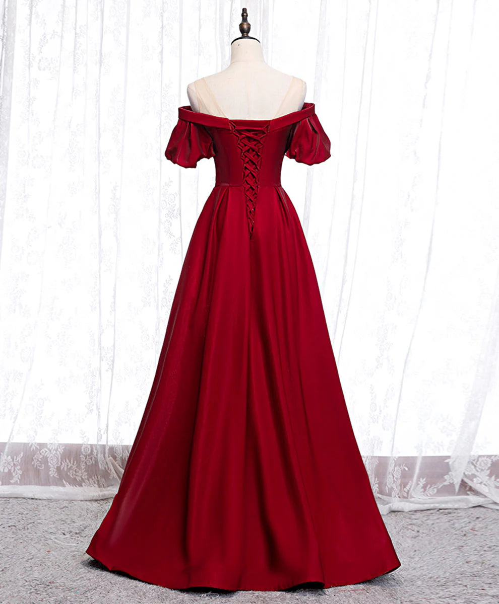 Sweetheart Burgundy Satin Long Prom Dress Burgundy Formal Graduation Dress