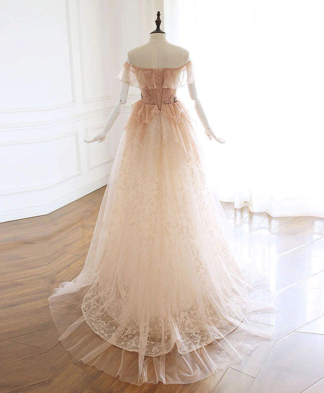 Tulle Lace Long Prom Dress Champagne Evening Dress