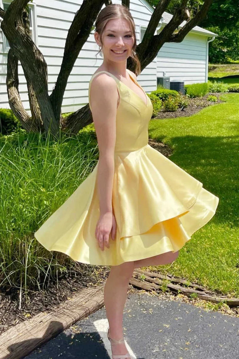 Yellow V-Neck Short Homecoming Dress