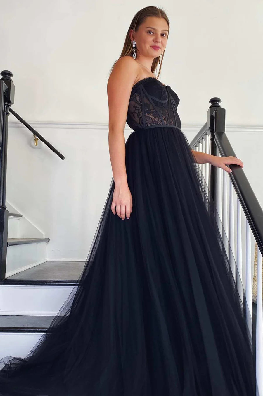 Tulle Strapless A-Line Long Prom Dress