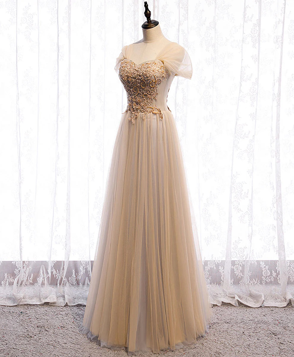 Sweetheart Tulle Lace Long Prom Dress Champagne Formal Dress