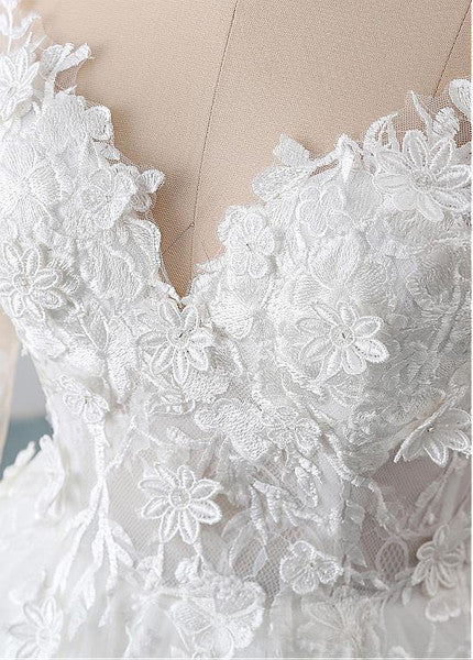 A Line Wedding Dresses Long Sleeves With Applique Tulle Covered Button Sweep Train