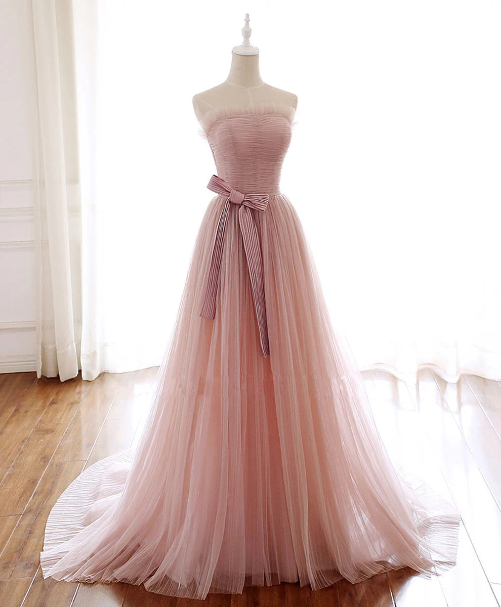 Pink Tulle Long Prom Dress Aline Pink Tulle Formal Party Dresses