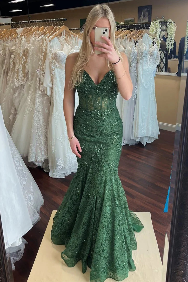 Lace Beaded Sweetheart Trumpet Long Prom Gown