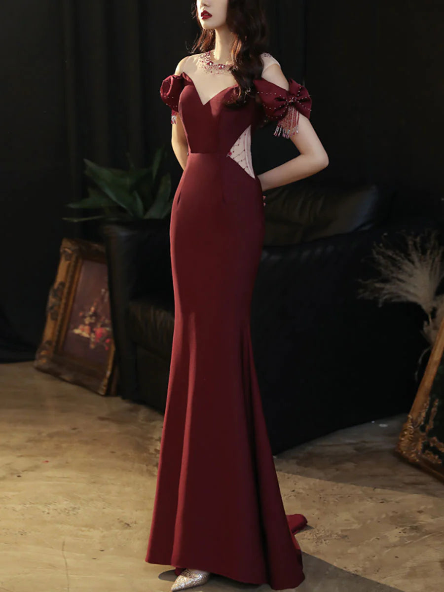 Round Neck Satin Mermaid Long Prom Dress Burgundy Formal Dress