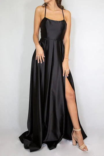 Spaghetti Strap A-Line Long Formal Dress with Slit