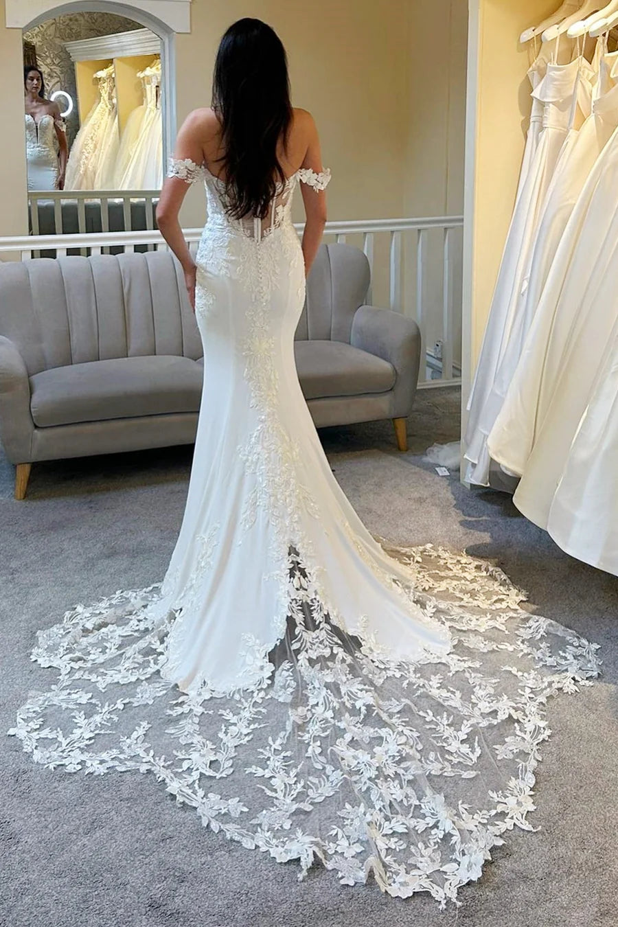 Off-the-Shoulder Scalloped Lace Mermaid Long Wedding Dress