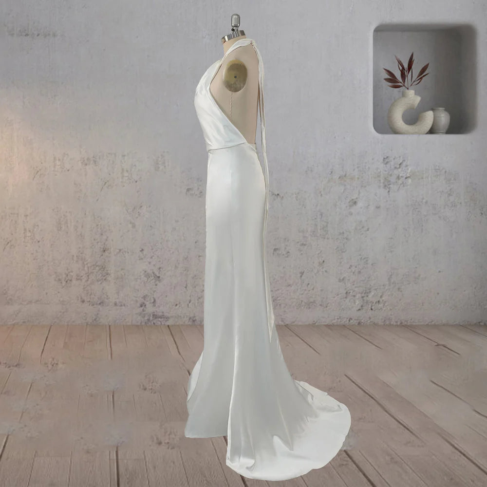 Sheath Satin Backless Halter Wedding Dress