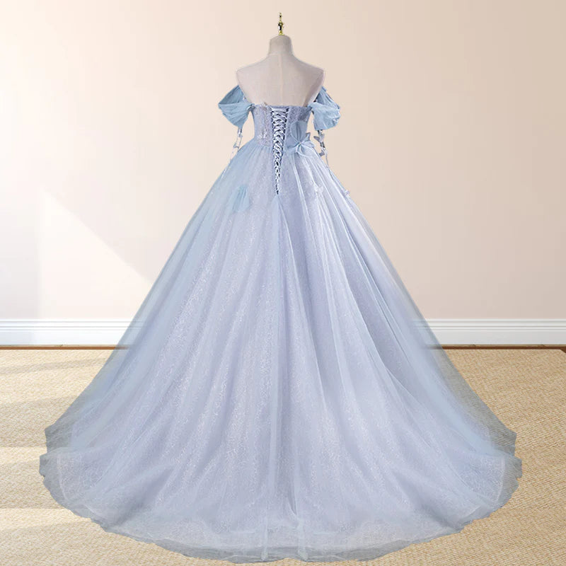 Ball-Gown Tulle Sweetheart Floor-Length Pearls Butterflies Quinceañera Dress with Appliqued