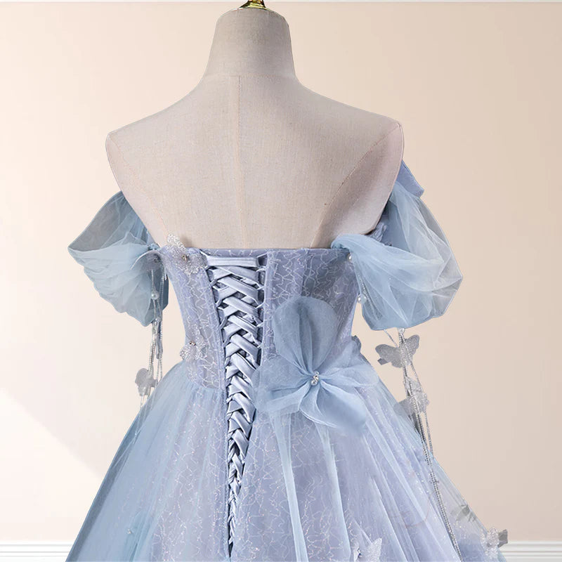 Ball-Gown Tulle Sweetheart Floor-Length Pearls Butterflies Quinceañera Dress with Appliqued