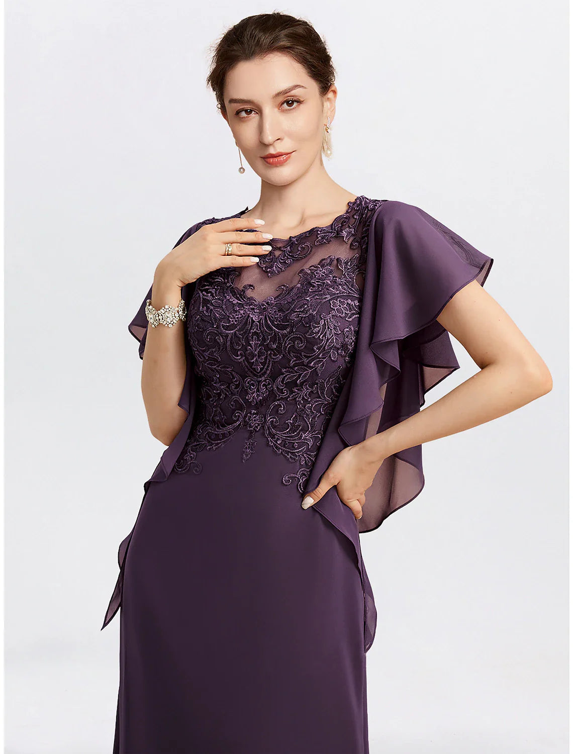 DingjiSheath Mother of the Bride Dress Cape Dress Formal Wedding Guest Elegant Jewel Neck Floor Length Chiffon Short Sleeve with Beading Appliques