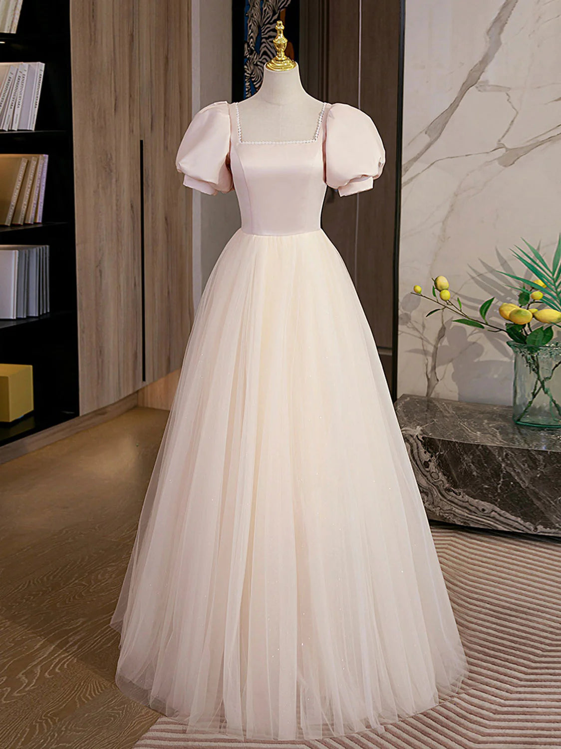 A Line Long Prom Dress Champagne Formal Graduation Dresses