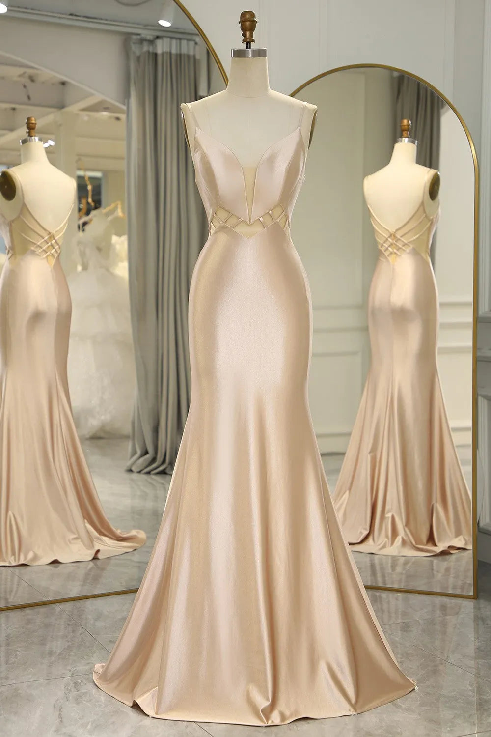Champagne Spaghetti Straps Long Mermaid Satin Prom Dress