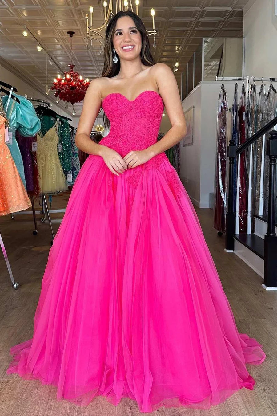 Tulle Lace Strapless A-Line Long Prom Dress
