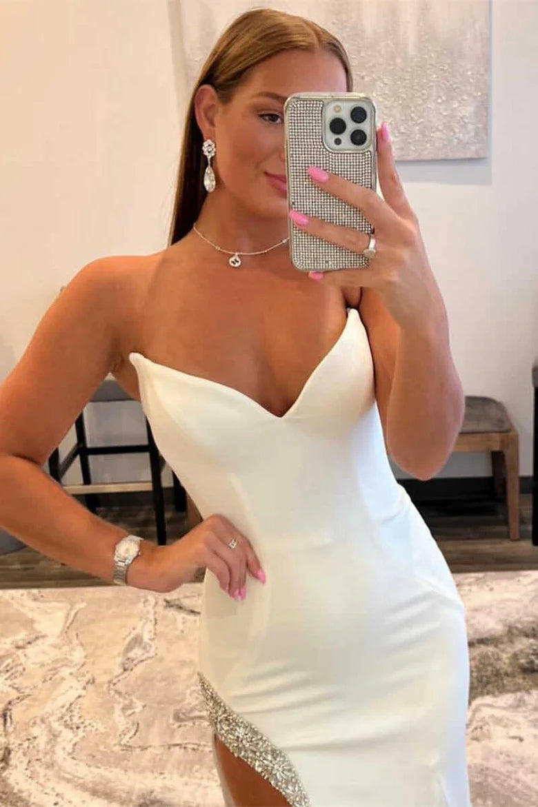 Strapless Mermaid Long Prom Dress with Bead Trimmed Slit