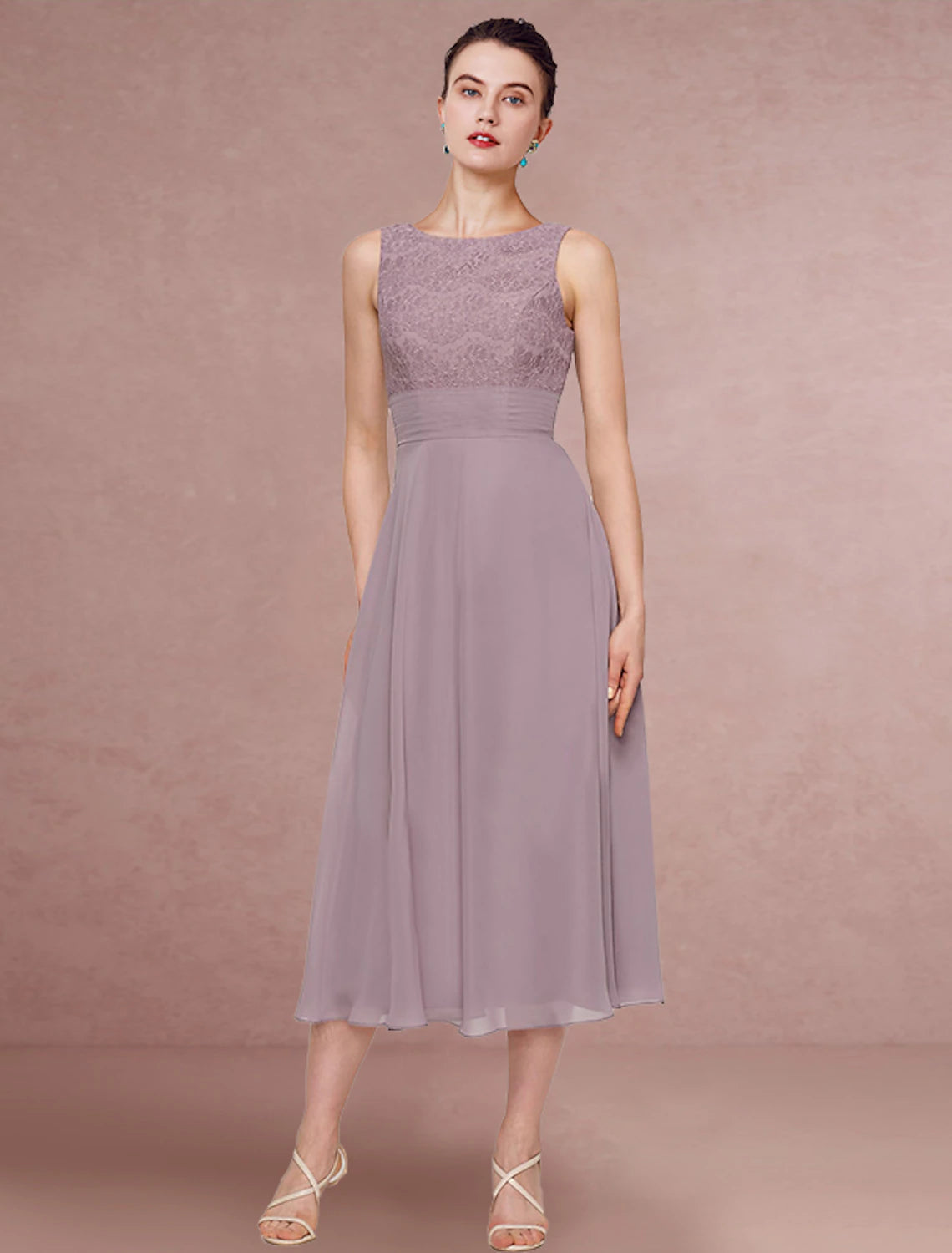 Two Piece Mother of the Bride Dress Wedding Guest Elegant Jewel Neck Tea Length Chiffon Lace Half Sleeve with Solid Color