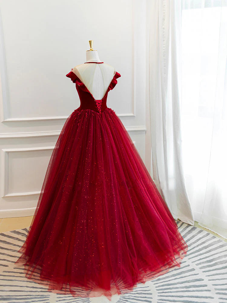 Round Neck Tulle Lace Long Prom Dress Burgundy Evening Dress