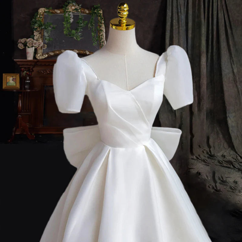White Satin Wedding Dress Short Sleeves Long Prom Dress