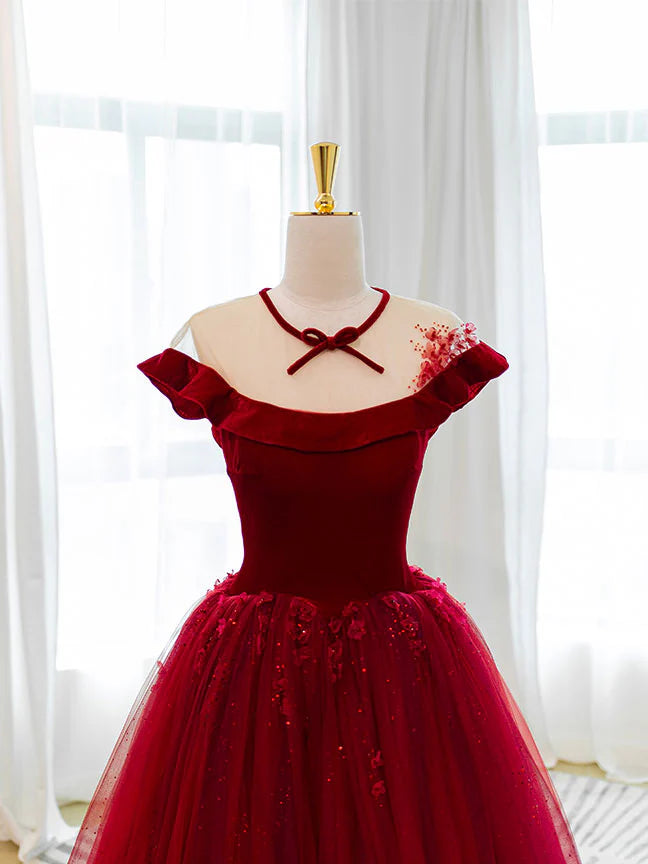 Round Neck Tulle Lace Long Prom Dress Burgundy Evening Dress