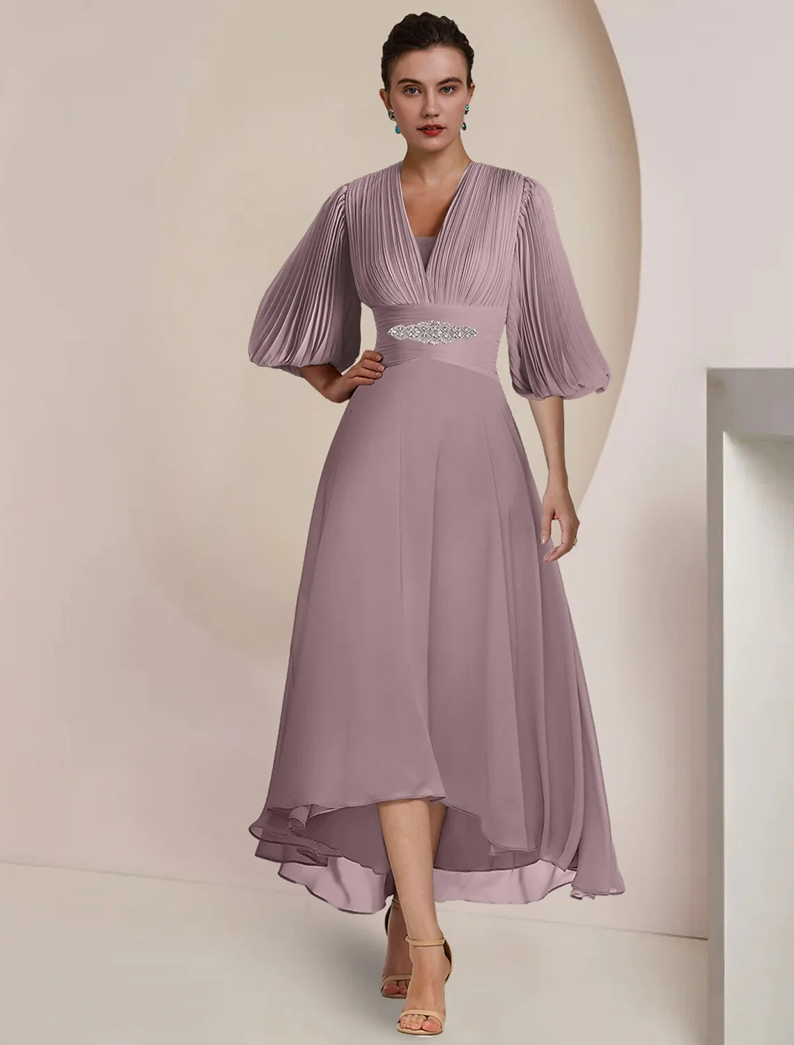 A-Line Mother of the Bride Dress Formal Wedding Guest Party Vintage Elegant V Neck Tea Length Chiffon 3/4 Length Sleeve with Pleats Crystals