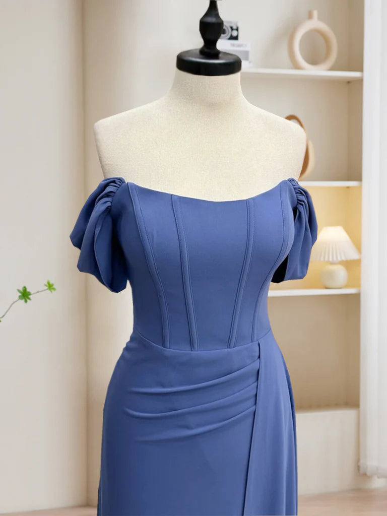 Off Shoulder Gray Blue Long Prom Dress Gray Blue Long Formal Dress