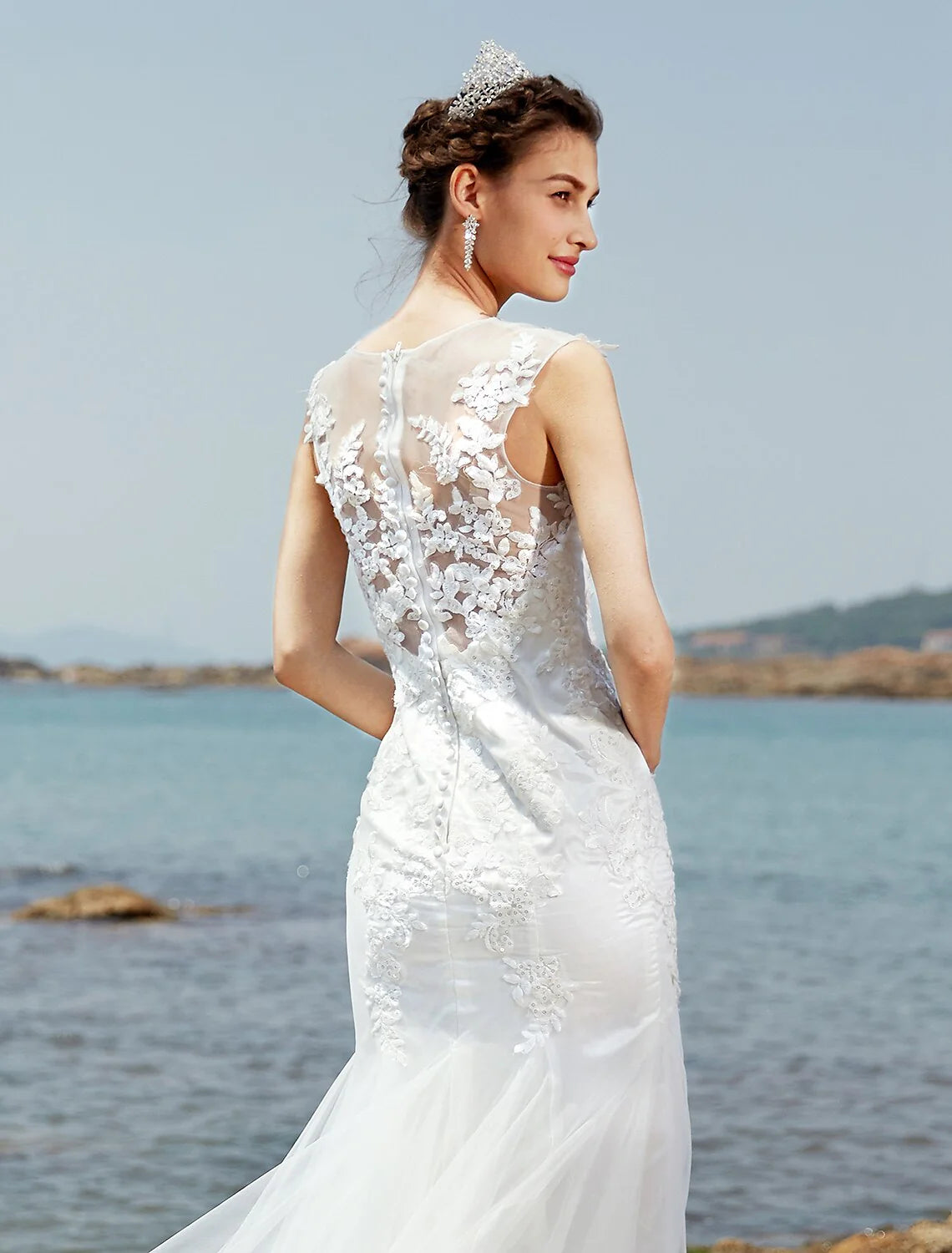 DingjiMermaid / Trumpet Bateau Neck Sweep / Brush Train Lace / Tulle Made-To-Measure Wedding Dresses with Lace / Ruched