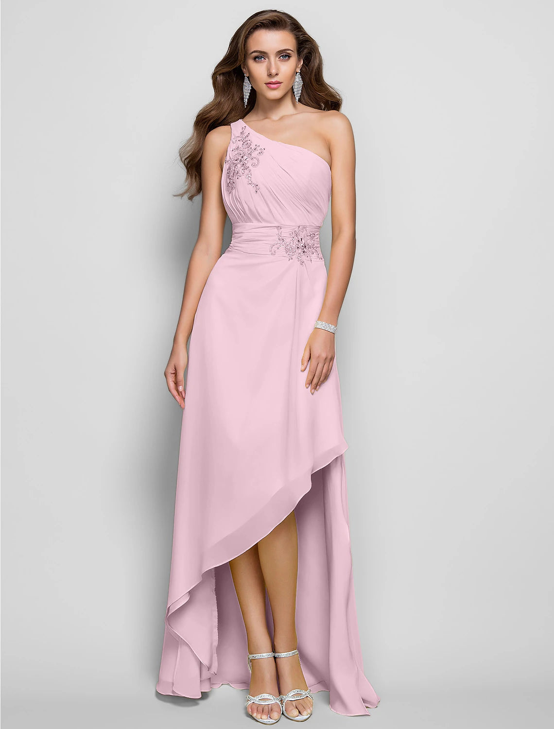 Sheath / Column Elegant Dress Wedding Guest Cocktail Party Asymmetrical Sleeveless One Shoulder Bridesmaid Dress Chiffon with Beading Slit Appliques