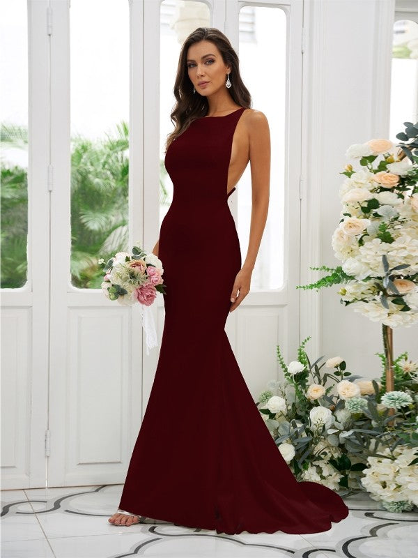 Sheath/Column Stretch Crepe Ruffles Square Sleeveless Sweep/Brush Train Bridesmaid Dresses