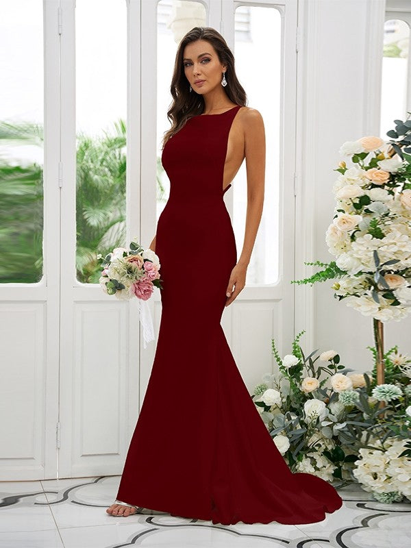 Sheath/Column Stretch Crepe Ruffles Square Sleeveless Sweep/Brush Train Bridesmaid Dresses