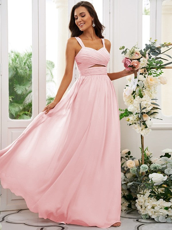 A-Line/Princess Chiffon Ruched Straps Sleeveless Floor-Length Bridesmaid Dresses