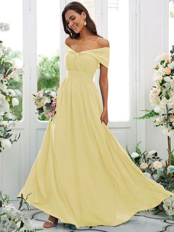 A-Line/Princess Chiffon Ruched Off-the-Shoulder Sleeveless Floor-Length Bridesmaid Dresses