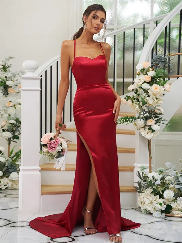 Elastic Woven Satin Ruched Square Sleeveless Bridesmaid Dresses