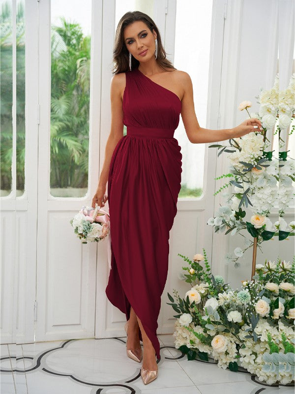 A-Line/Princess Ruffles One-Shoulder Sleeveless Ankle-Length Bridesmaid Dresses