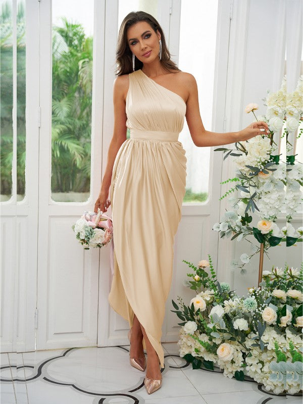 A-Line/Princess Ruffles One-Shoulder Sleeveless Ankle-Length Bridesmaid Dresses