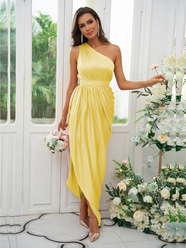 A-Line/Princess Ruffles One-Shoulder Sleeveless Ankle-Length Bridesmaid Dresses