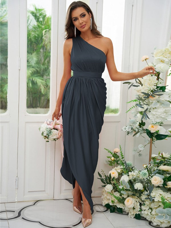 A-Line/Princess Ruffles One-Shoulder Sleeveless Ankle-Length Bridesmaid Dresses