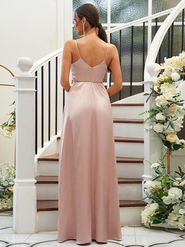 A-Line/Princess Silk like Satin Ruffles V-neck Sleeveless Floor-Length Bridesmaid Dresses