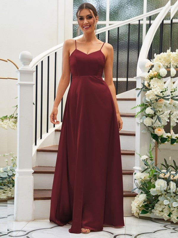 A-Line/Princess Silk like Satin Ruffles V-neck Sleeveless Floor-Length Bridesmaid Dresses