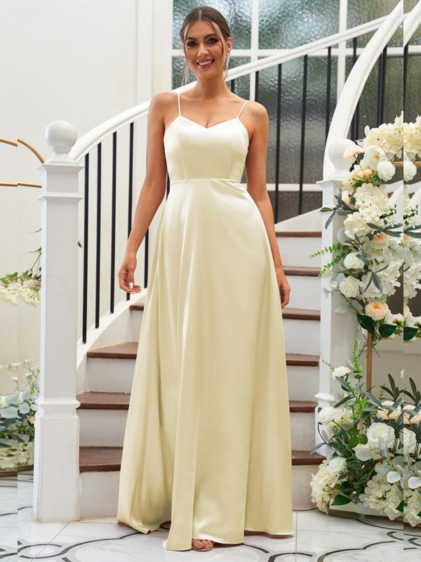 A-Line/Princess Silk like Satin Ruffles V-neck Sleeveless Floor-Length Bridesmaid Dresses