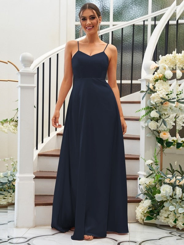 A-Line/Princess Silk like Satin Ruffles V-neck Sleeveless Floor-Length Bridesmaid Dresses