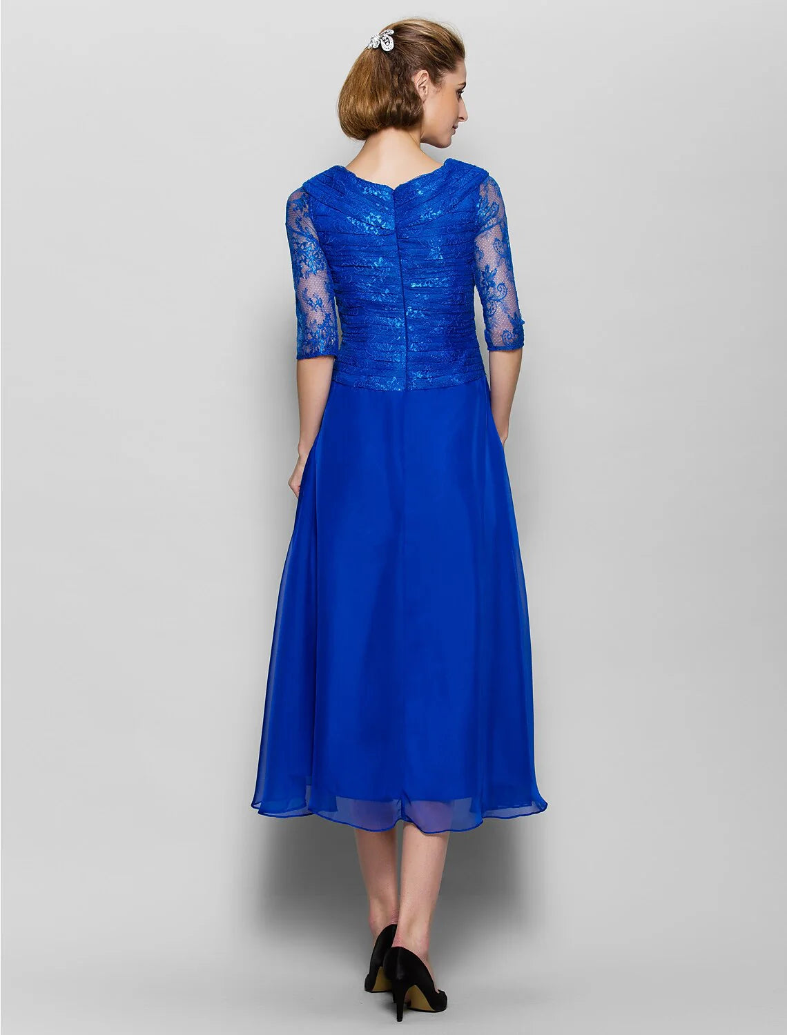 DingjiA-Line Mother of the Bride Dress Plus Size Elegant V Neck Tea Length Chiffon Lace Half Sleeve No with Lace Criss Cross Ruched