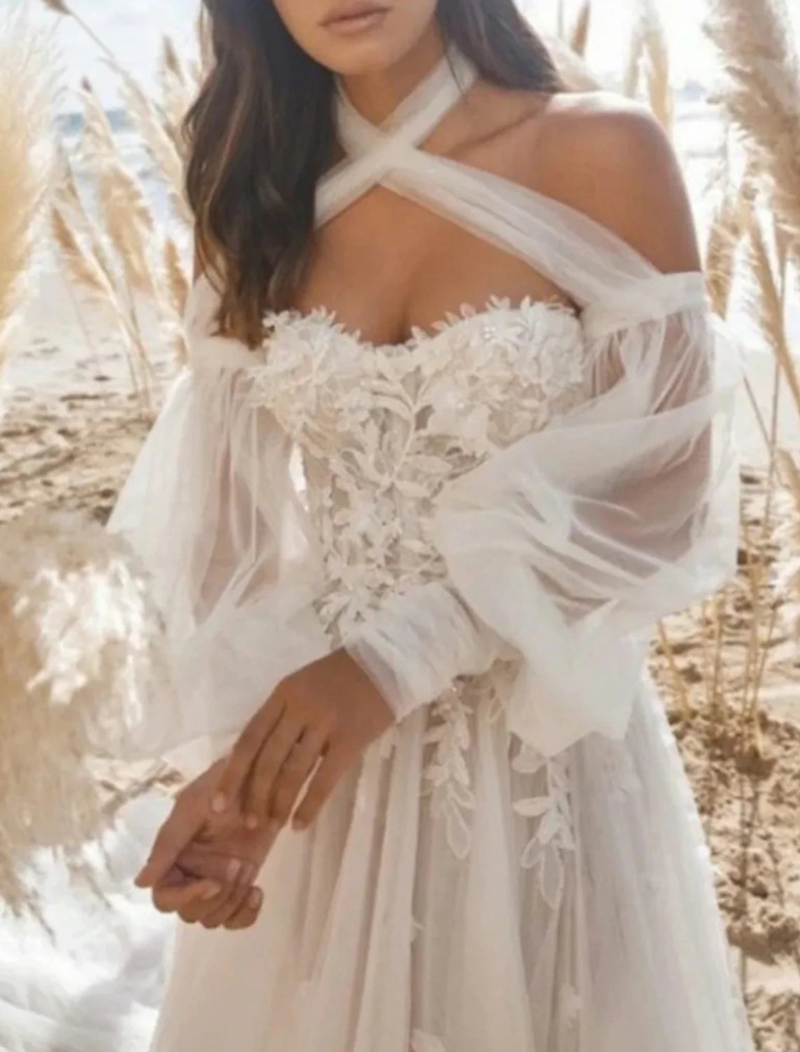 Beach Wedding Dresses A-Line Sweetheart Long Sleeve Sweep / Brush Train Lace Bridal Gowns With Pleats Appliques