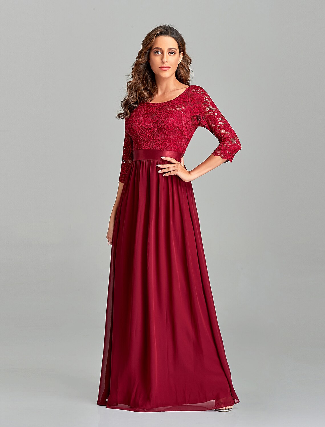 A-Line Evening Gown Beautiful Back Dress Prom Formal Evening Floor Length Half Sleeve Jewel Neck Chiffon V Back with Lace Insert