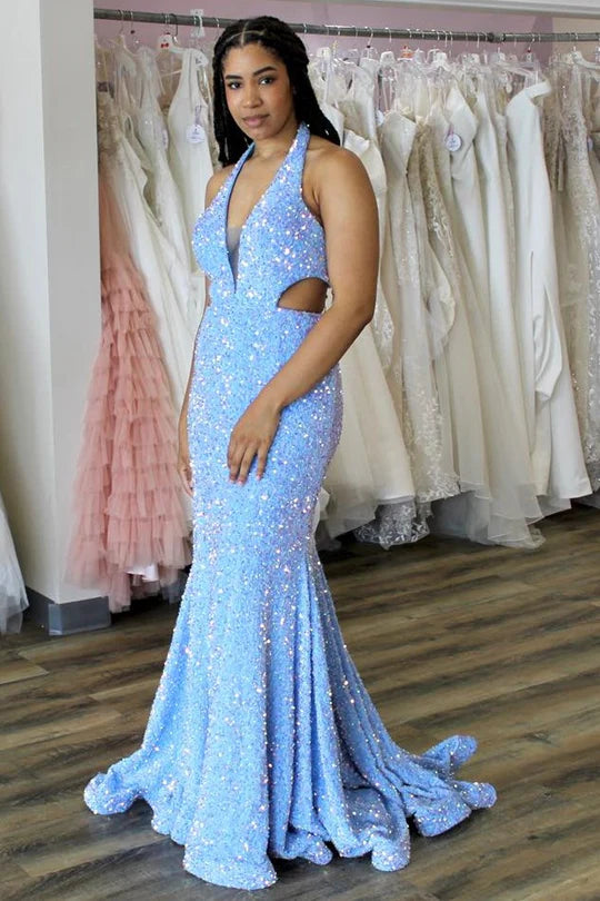 Iridescent Sequin Halter Trumpet Long Prom Dress