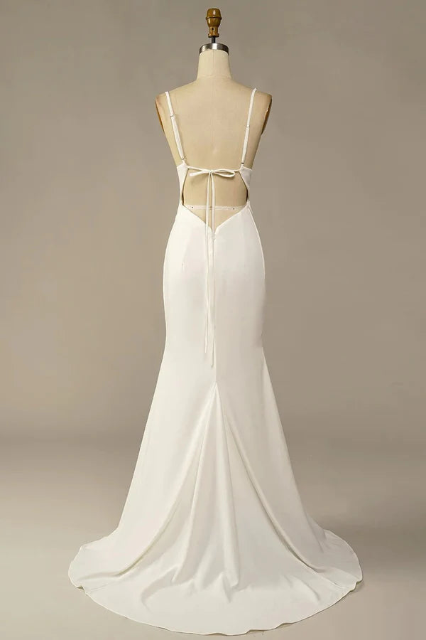 Spaghetti Straps Long Soft Satin Ivory Mermaid Beach Wedding Dresses