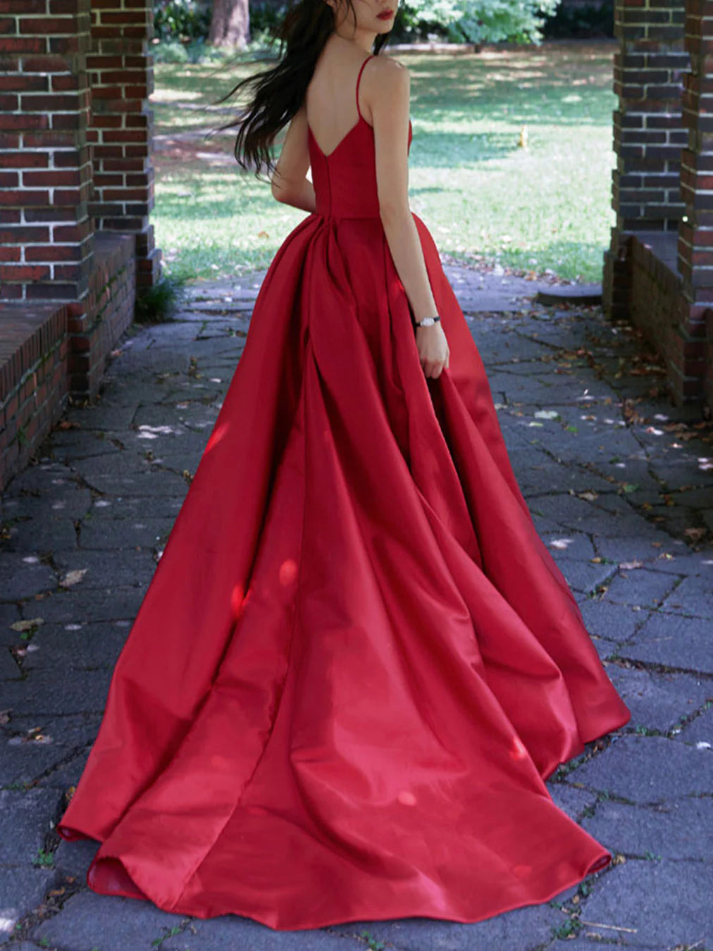 V Neck Satin Long Prom Dress Red Formal Graduation Dresses
