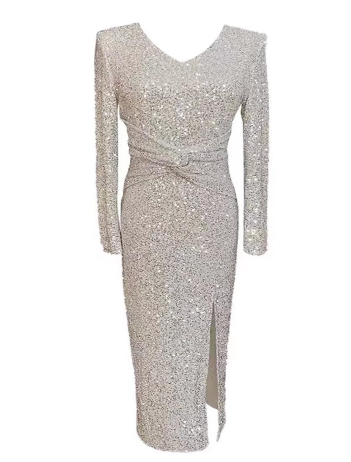 Sheath / Column Homecoming Dresses Sparkle & Shine Dress Party Wear Wedding Party Tea Length Long Sleeve V Neck Sequined with Sequin Slit