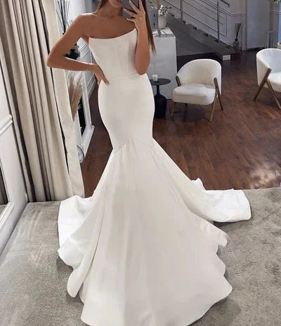 Simple Mermaid Strapless Satin Wedding Dress Bridal Gowns