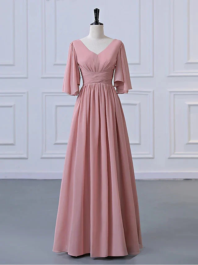 DingjiA-Line Bridesmaid Dress V Neck Half Sleeve Elegant Floor Length Chiffon with Pleats / Ruffles