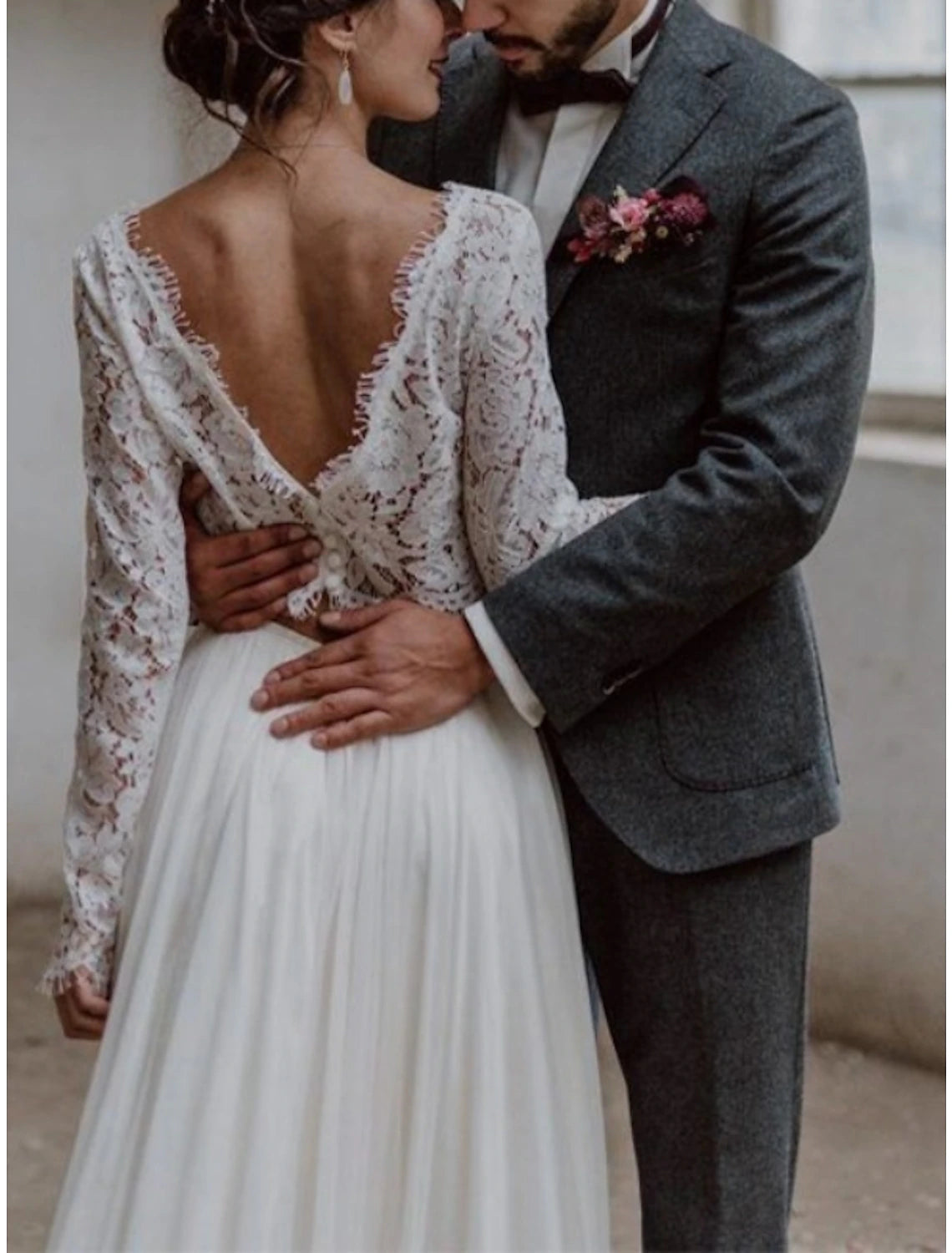 Beach Boho Wedding Dresses Separates Scoop Neck Long Sleeve Separates Lace Bridal Gowns With Pleats